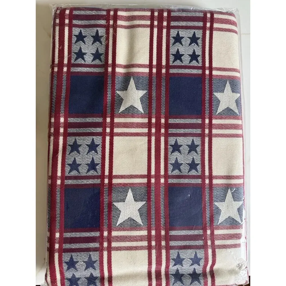 Pampered Chef Patriotic Americana Tablecloth Stars Stripes 62x80” Blue Red White